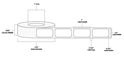 0.5" x 1" Premium Direct Thermal Paper Label; No Perf; 1" Core; 2.25" OD; 6 Rolls/carton (1,000 Labels/roll)