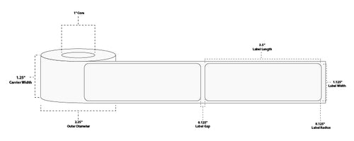 1.125" x 3.5" Premium Direct Thermal Paper Label; No Perf; 1" Core; 2.25" OD; 12 Rolls/carton (130 Labels/roll)