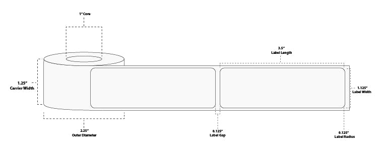 1.125" x 3.5" Premium Direct Thermal Paper Label; No Perf; 1" Core; 2.25" OD; 12 Rolls/carton (130 Labels/roll)