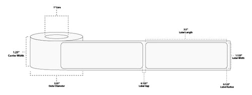 1.125" x 3.5" Premium Direct Thermal Paper Label; No Perf; 1" Core; 2.25" OD; 12 Rolls/carton (130 Labels/roll) - Clear