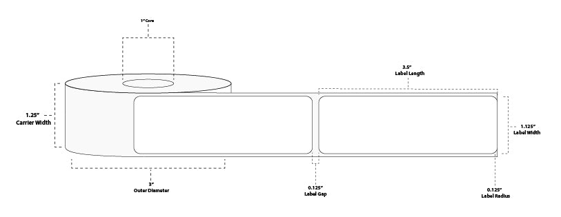 1.125" x 3.5" Premium Direct Thermal Paper Label; No Perf; 1" Core; 3.25" OD; 12 Rolls/carton (350 Labels/roll)