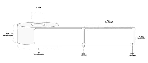 1.125" x 3.5" Premium Direct Thermal Paper Label; No Perf; 1" Core; 3" OD; 12 Rolls/carton (260 Labels/roll)
