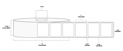 1.25" x 1" Standard Direct Thermal Paper Label; Perforated; 1" Core; 5" OD; 4 Rolls/carton (2,340 Labels/roll)