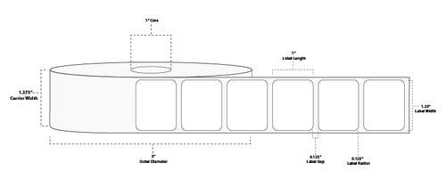 1.25" x 1" Standard Thermal Transfer Paper Label; Perforated; 1" Core; 5" OD; 4 Rolls/carton (2,300 Labels/roll)
