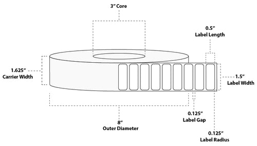 1.5" x 0.5" Premium Thermal Transfer Polyester Label; Perforated; 3" Core; 8" OD; 1 Rolls/carton (10,300 Labels/roll)