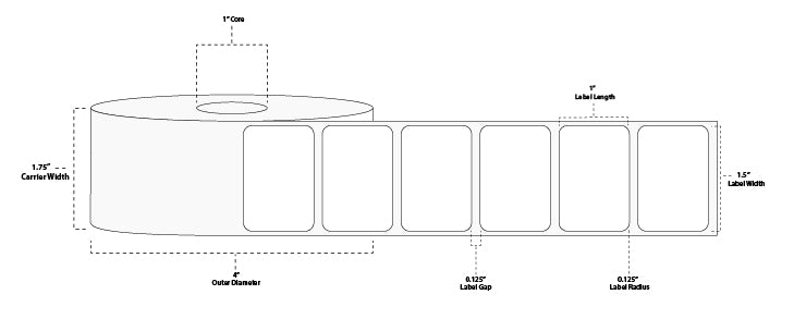 1.5" x 1.5" Premium Direct Thermal Paper Label; Perforated; 1" Core; 4" OD; 12 Rolls/carton (960 Labels/roll)
