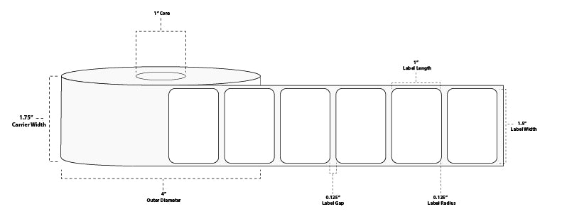 1.5" x 1" Floodcoated Direct Thermal Paper Label; Perforated; 1" Core; 4" OD; 12 Rolls/carton (1,375 Labels/roll) - 032 Red