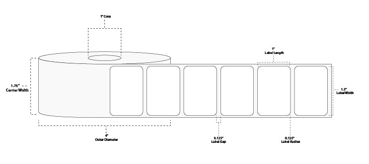 1.5" x 1" Floodcoated Direct Thermal Paper Label; Perforated; 1" Core; 4" OD; 12 Rolls/carton (1,375 Labels/roll) - 1505 Orange