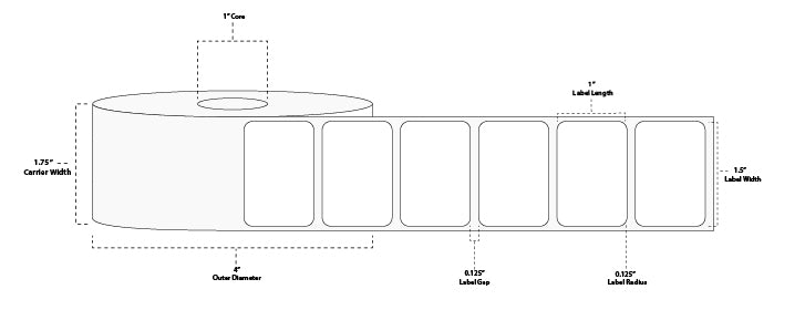 1.5" x 1" Floodcoated Direct Thermal Paper Label; Perforated; 1" Core; 4" OD; 12 Rolls/carton (1,375 Labels/roll) - 292 Blue