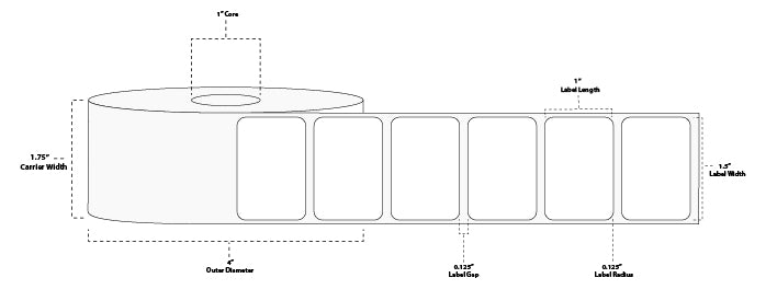 1.5" x 1" Premium Direct Thermal Paper Label; Perforated; 1" Core; 4" OD; 12 Rolls/carton (1,300 Labels/roll)