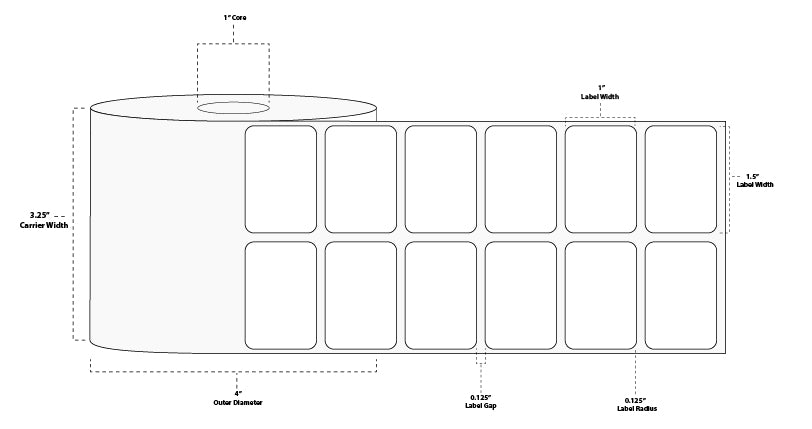 1.5" x 1" Premium Direct Thermal Paper Label; Perforated; 1" Core; 4" OD; 12 Rolls/carton (2,750 Labels/roll)