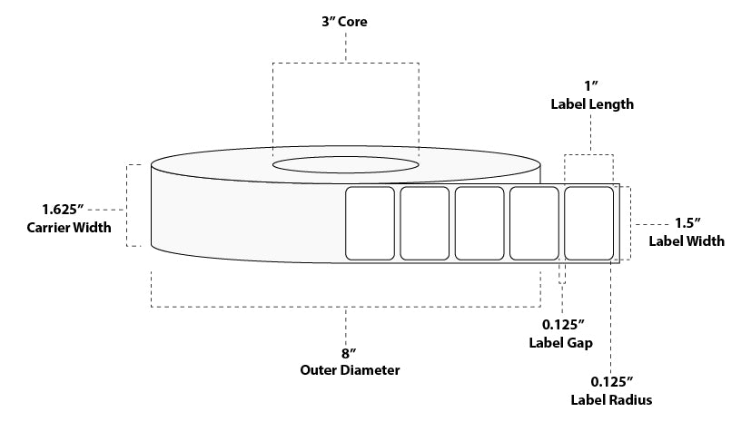 1.5" x 1" Premium Thermal Transfer Paper Label; No Perf; 3" Core; 8" OD; 8 Rolls/carton (5,500 Labels/roll)