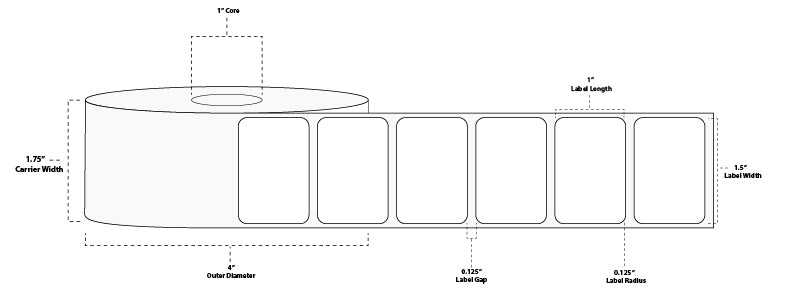 1.5" x 1" Standard Direct Thermal Paper Label; Perforated; 1" Core; 4" OD; 4 Rolls/carton (1,310 Labels/roll)