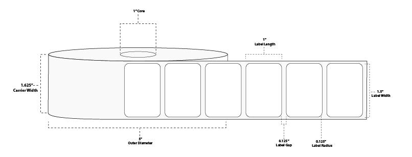 1.5" x 1" Standard Direct Thermal Paper Label; Perforated; 1" Core; 5" OD; 4 Rolls/carton (2,300 Labels/roll)