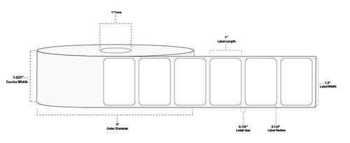 1.5" x 1" Standard Thermal Transfer Paper Label; Perforated; 1" Core; 5" OD; 4 Rolls/carton (2,300 Labels/roll)