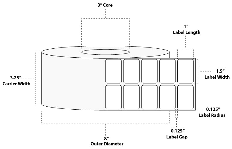 1.5" x 1" Standard Thermal Transfer Paper Label; Perforated; 3" Core; 8" OD; 4 Rolls/carton (10,800 Labels/roll)