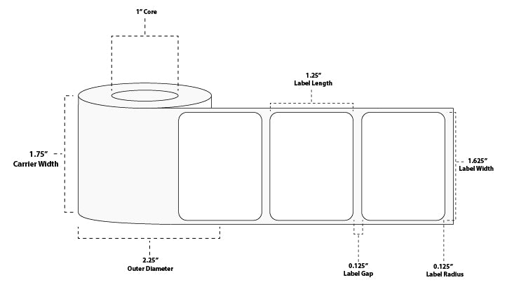 1.625" x 1.25" Premium Direct Thermal Paper Label; No Perf; 1" Core; 2" OD; 12 Rolls/carton (200 Labels/roll)