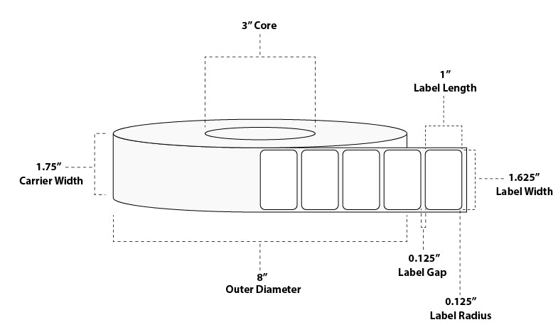 1.625" x 1" Standard Thermal Transfer Paper Label; No Perf; 3" Core; 8" OD; 10 Rolls/carton (5,400 Labels/roll)