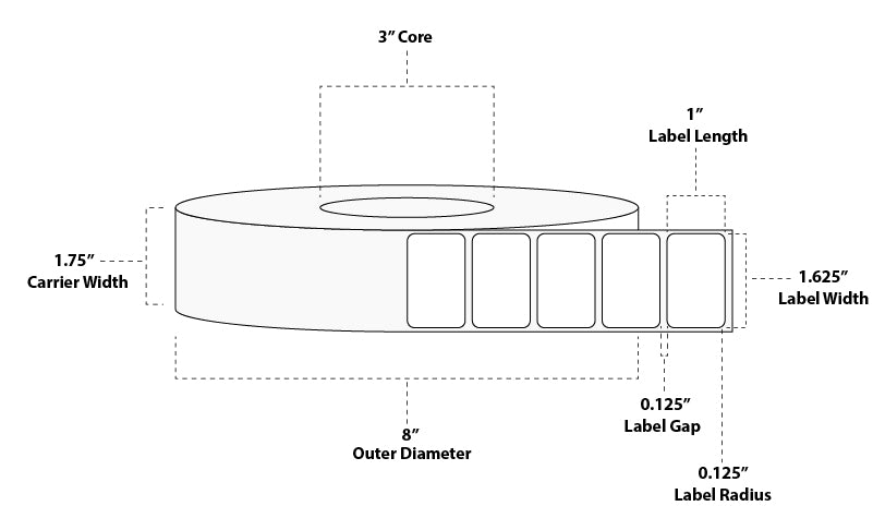 1.625" x 1" Standard Thermal Transfer Paper Label; Perforated; 3" Core; 8" OD; 10 Rolls/carton (5,400 Labels/roll)
