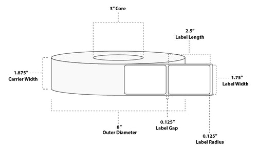 1.75" x 2.5" Premium Thermal Transfer Paper Label; Perforated; 3" Core; 8" OD; 8 Rolls/carton (2,500 Labels/roll)