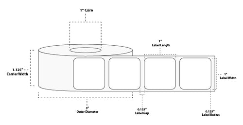 1" x 1" Premium Direct Thermal Paper Label; No Perf; 1" Core; 3" OD; 10 Rolls/carton (750 Labels/roll)