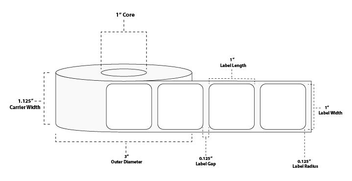 1" x 1" Premium Direct Thermal Paper Label; No Perf; 1" Core; 3" OD; 10 Rolls/carton (750 Labels/roll)