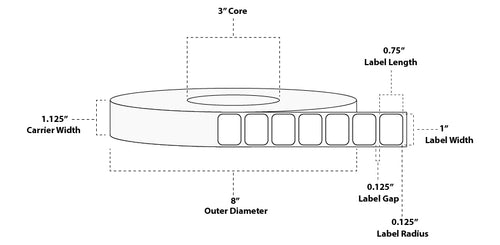 1" x 1" Premium Direct Thermal Paper Label; Perforated; 3" Core; 8" OD; 8 Rolls/carton (5,500 Labels/roll)