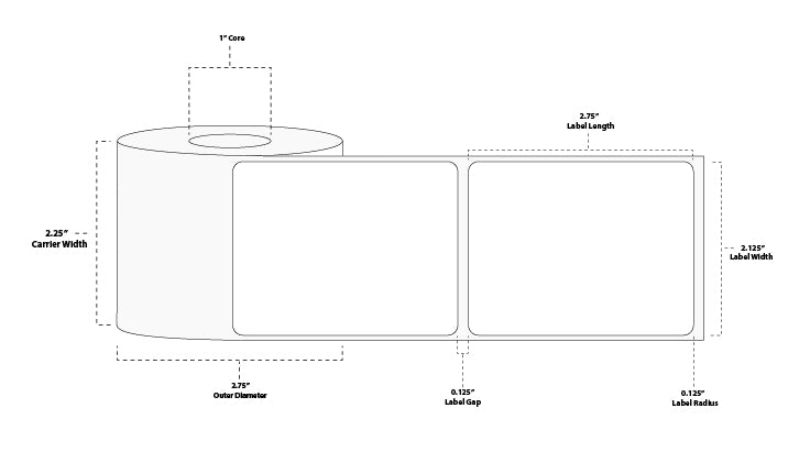 2.125" x 2.75" Premium Direct Thermal Paper Label; No Perf; 1" Core; 2.75" OD; 6 Rolls/carton (320 Labels/roll)