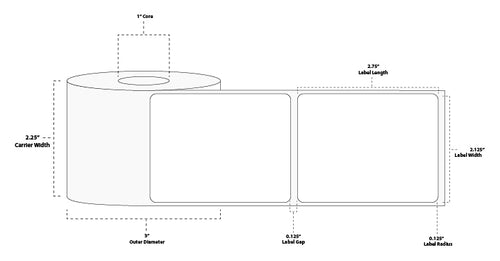 2.125" x 2.75" Premium Direct Thermal Paper Label; No Perf; 1" Core; 3" OD; 6 Rolls/carton (400 Labels/roll)