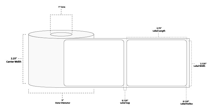2.125" x 2.75" Premium Direct Thermal Paper Label; No Perf; 1" Core; 3" OD; 6 Rolls/carton (400 Labels/roll)