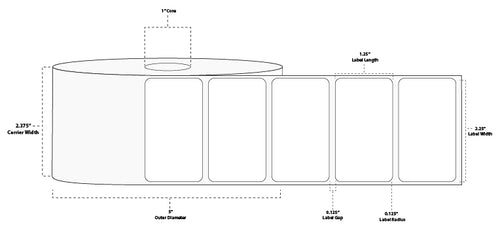 2.25" x 1.25" Premium Direct Thermal Paper Label; Perforated; 1" Core; 5" OD; 12 Rolls/carton (2,100 Labels/roll)