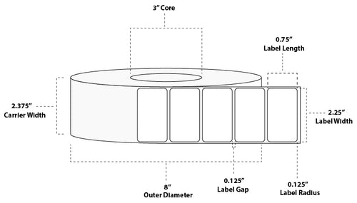 2.25" x 1.25" Premium Direct Thermal Paper Label; Perforated; 3" Core; 8" OD; 8 Rolls/carton (4,450 Labels/roll)