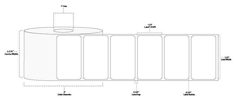2.25" x 1.25" Standard Direct Thermal Paper Label; Perforated; 1" Core; 4" OD; 12 Rolls/carton (1,000 Labels/roll)