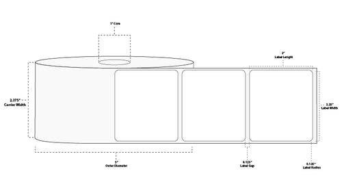 2.25" x 2" Standard Direct Thermal Paper Label; Perforated; 1" Core; 5" OD; 4 Rolls/carton (1,370 Labels/roll)