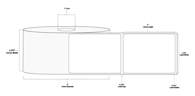 2.25" x 3" Premium Direct Thermal Paper Label; Perforated; 1" Core; 5" OD; 6 Rolls/carton (840 Labels/roll)