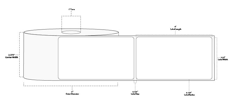 2.25" x 4" Standard Thermal Transfer Paper Label; Perforated; 1" Core; 5" OD; 4 Rolls/carton (700 Labels/roll)