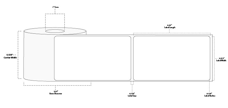 2.313" x 4" Premium Direct Thermal Paper Label; No Perf; 1" Core; 3.25" OD; 6 Rolls/carton (300 Labels/roll)