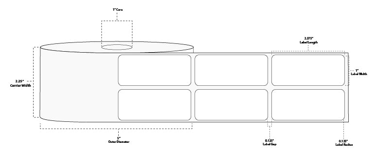 2.375" x 1" Premium Direct Thermal Paper Label; Perforated; 1" Core; 5" OD; 6 Rolls/carton (2,500 Labels/roll)