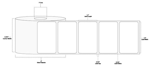 2.5" x 1.5" Premium Direct Thermal Paper Label; Perforated; 1" Core; 4" OD; 12 Rolls/carton (960 Labels/roll)