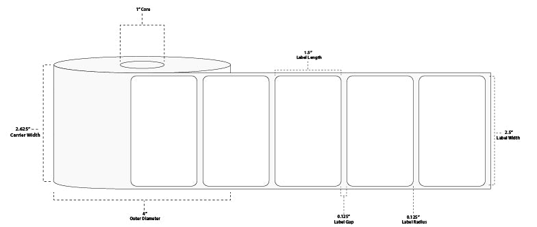 2.5" x 1.5" Premium Direct Thermal Paper Label; Perforated; 1" Core; 4" OD; 12 Rolls/carton (960 Labels/roll)