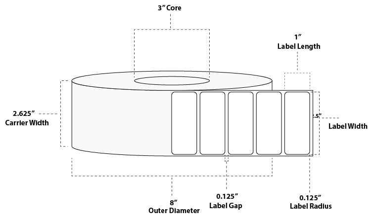2.5" x 1" Premium Direct Thermal Paper Label; Perforated; 3" Core; 8" OD; 8 Rolls/carton (5,500 Labels/roll)