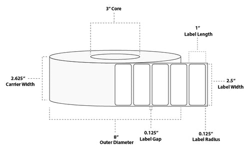 2.5" x 1" Premium Thermal Transfer Paper Label; Perforated; 3" Core; 8" OD; 8 Rolls/carton (5,500 Labels/roll)