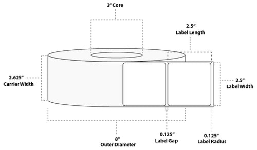 2.5" x 2.5" Premium Thermal Transfer Paper Label; Perforated; 3" Core; 8" OD; 8 Rolls/carton (2,500 Labels/roll)