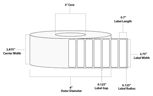 2.75" x 0.7" Premium Thermal Transfer Paper Label; Perforated; 3" Core; 8" OD; 8 Rolls/carton (5,340 Labels/roll)