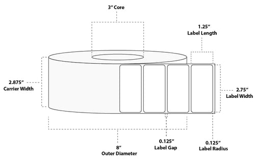 2.75" x 1.25" Premium Thermal Transfer Paper Label; Perforated; 3" Core; 8" OD; 8 Rolls/carton (4,450 Labels/roll)