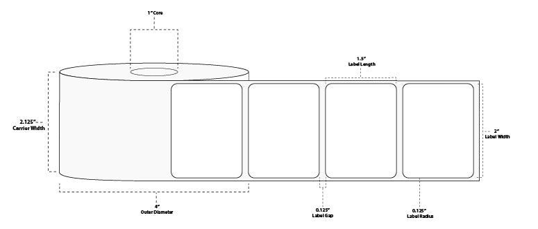 2" x 1.5" Premium Direct Thermal Paper Label; Perforated; 1" Core; 4" OD; 12 Rolls/carton (900 Labels/roll)