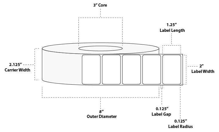 2" x 1.5" Standard Thermal Transfer Paper Label; Perforated; 3" Core; 8" OD; 8 Rolls/carton (3,800 Labels/roll)