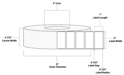 2" x 1" Premium Direct Thermal Paper Label; No Perf; 3" Core; 8" OD; 8 Rolls/carton (5,500 Labels/roll)