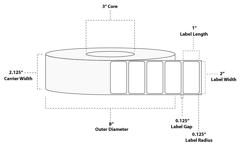 2" x 1" Premium Direct Thermal Paper Label; No Perf; 3" Core; 8" OD; 8 Rolls/carton (5,500 Labels/roll)