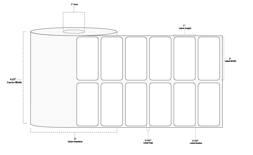 2" x 1" Premium Direct Thermal Paper Label; Perforated; 1" Core; 4" OD; 12 Rolls/carton (2,750 Labels/roll)